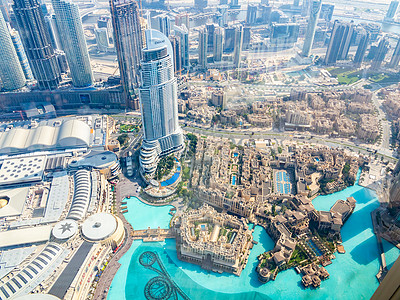 杜拜从世界上最高的建筑布吉哈利法塔上哈里发天线建造喷泉城市国家景观中心旅行商业图片
