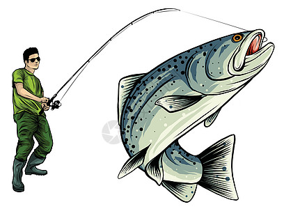 矢量的钓鱼设计 渔夫在波浪中抓船男人投掷插图鳟鱼垂钓者漂浮运动员蓝色乐趣动物图片