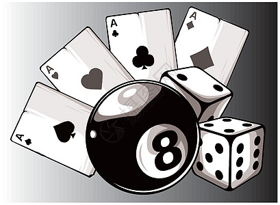 白色背景上带有八号球的王牌扑克牌插图乐趣财富魔法爱好赌注俱乐部运气娱乐游戏图片