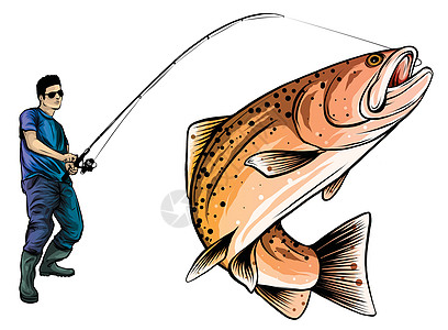 矢量的钓鱼设计 渔夫在波浪中抓船运动野生动物男人投掷动物插图卷轴蓝色垂钓者乐趣图片