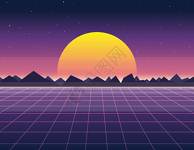 复古未来主义背景 1980 年代风格中太阳和数字景观的矢量图解日落极客科幻舞蹈激光潮人音乐游戏网格天空图片
