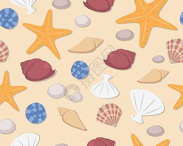 海滩背景的贝壳和海星无缝模式     矢量插图图片