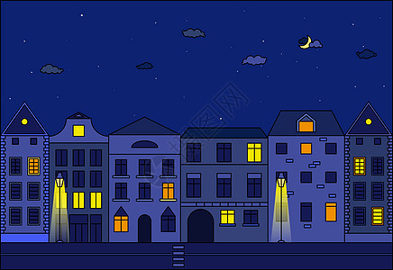 城市在晚上矢量图 欧洲城市的老街星星环境地标住宅历史街道旅行建筑景观摩天大楼图片