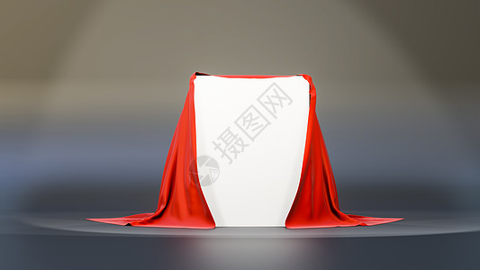 盒子上盖着红布  3D渲染空间推介会仪式展示桌布工作室织物艺术亚麻白色图片