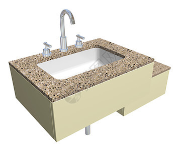 白色内置方形浴室水槽 配有镀铬水龙头和卫生设备 配有花岗岩台面 与白色背景隔离图片