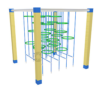 攀爬栅栏和环 3D插图游乐场白色绿色蓝色时光孩子酒吧黄色学校精加工图片