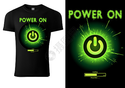黑色T恤衫设计绿色电力按钮图片