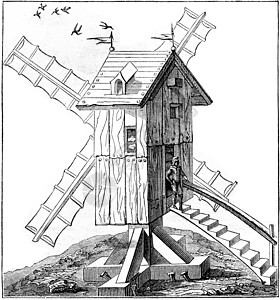 十六世纪使用的风车 古老的雕刻图片