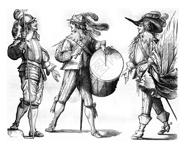 1635年法国警卫队的Piker Drum和旗手图片