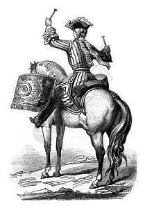 1724年骑兵上校的提米克将军历史性动物乐器蚀刻鸡腿插图音鼓历史黑色音乐家背景图片