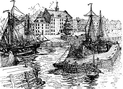 纽约市政厅和Docks在1679年 古董插图图片