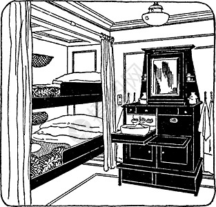 带双层床复古插图的特等舱图片