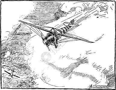 飞机在陆地上空飞行 古老的插图背景图片