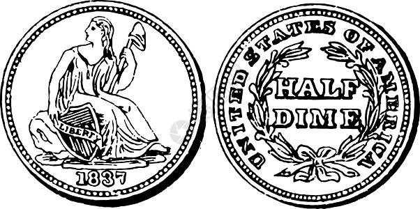银半Dime Coin 1837年的古董插图图片