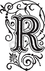 R 信函 旧书插图绘画黑色雕刻白色艺术图片