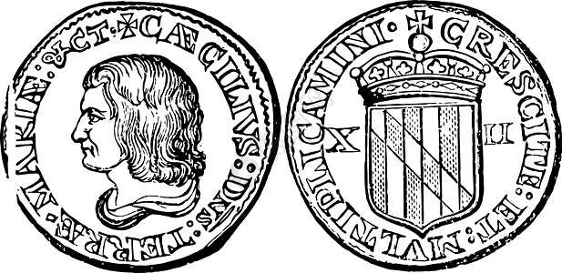 银马里兰 XII 便士 Coin1659 复古插图图片