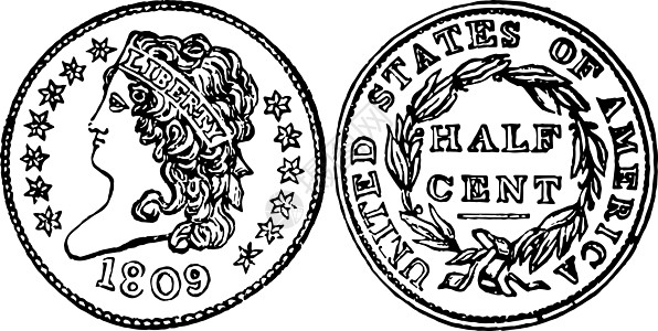 铜半分硬币 1809年的古董插图图片