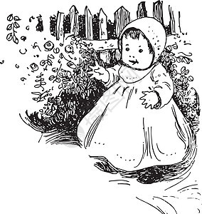 站在花园里的婴儿复古版画背景图片