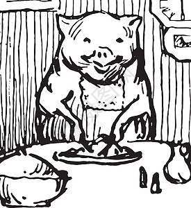 五只小猪制作图案绘画插图黑色艺术盘子雕刻桌子白色背景图片