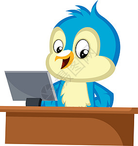 蓝鸟坐在电脑台 插图 矢量在W上图片