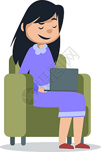 女孩坐在笔记本电脑 插图和白色背地的矢量上图片