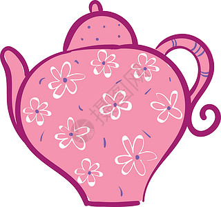 粉红茶壶 白背有白色花花叶矢量插图图片