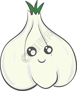 白色后腹骨上笑着可爱的白大蒜矢量插图香料植物素食主义者花园卡通片绘画微笑蔬菜图片