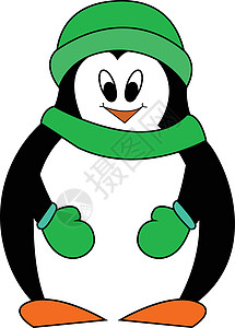 带着绿色帽子围巾和连指手套的微笑企鹅矢量图图片