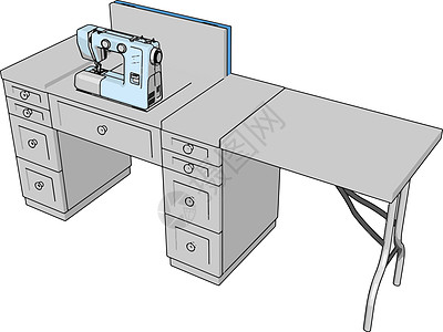 缝纫机织布3D 工作桌上缝纫机的三维矢量插图 hh裁缝白色机器木头工艺桌子创造力女裁缝剪裁商业插画