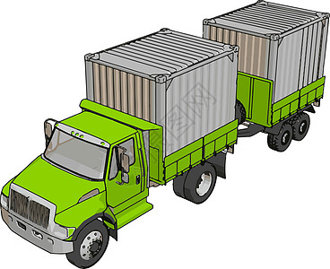 绿色集装箱卡车 白色上带有拖车矢量插图图片