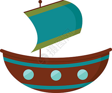 一艘棕色帆船和一面悬挂的蓝色旗帜 上面有两个绿色图片