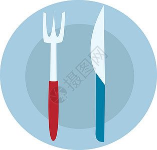 蓝色食品板 白上刻有叉子和刀插图矢量背景图片