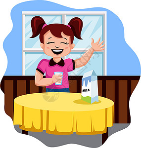 白背景的快乐女孩饮奶品插图矢量图片