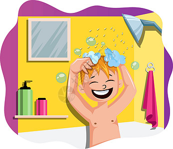 快乐的男孩在白色背景上用洗澡插图矢量图片