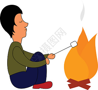 一个人在营火上烤一个完美的棉花糖的滑板图片
