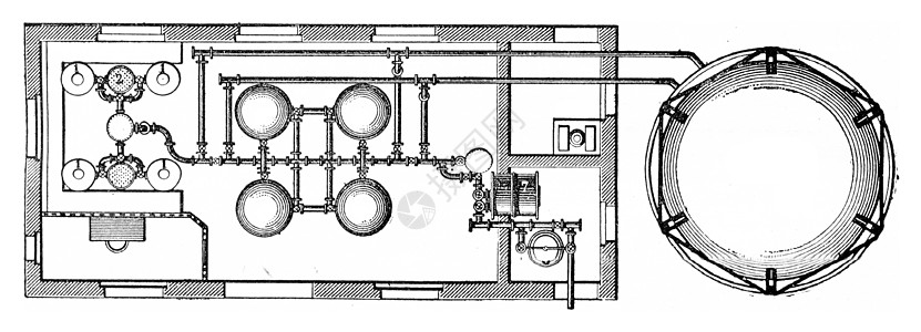 垂直区段和规划一个乙炔工厂 古代雕刻图片