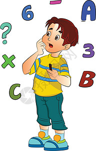 男孩解决一道数学题插画男生学生学校教育家庭作业瞳孔思维孩子们思考白色图片
