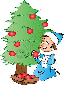 装饰圣诞树的快乐女人的矢量者图片