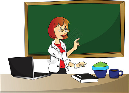 老师电脑好奇的女商务人士指向的向量插画
