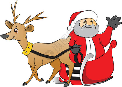 Santa claus的矢量从驯鹿牵引的手推车上挥舞图片