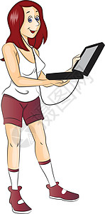 在笔记本电脑上收听音乐的年轻女性的矢量图片