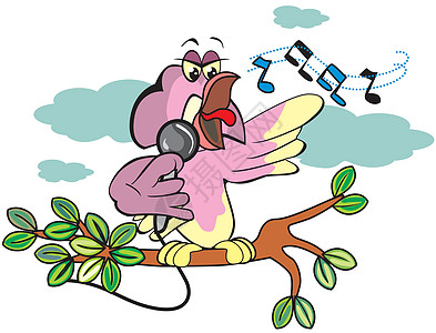 唱歌的鸟插画发声翅膀羽毛树叶音乐会麦克风叶子插图艺术品绘画图片
