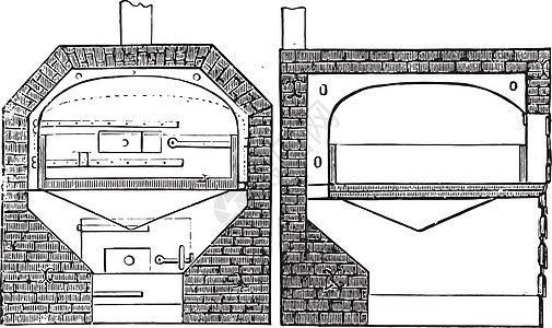熔炉复古雕刻的平面图和剖面图图片