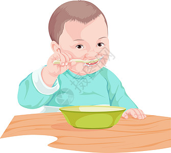 男孩用勺子吃食物的载体图片