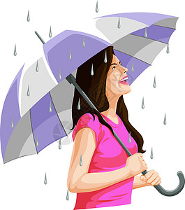 在雨中玩得开心的女人的矢量图片