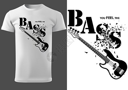 印有音乐标语和贝司吉他的 T 恤绘画节日音乐家流行音乐吉他艺术口号重金属风格低音图片