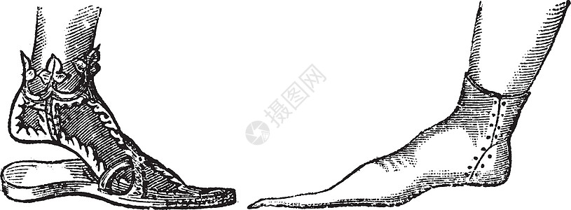 桑地和普林古代雕刻丁字裤凉鞋古董插图木头蕾丝鞋匠制鞋艺术品钙质图片