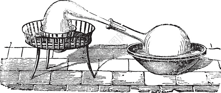 简单蒸馏装置复古雕刻绘画科学沸腾化学加热古董冷却煮沸混合物插图图片