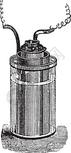 Daniell 电池或重力电池老旧雕刻化学蚀刻细胞草图艺术古董发明化学品插图活力图片