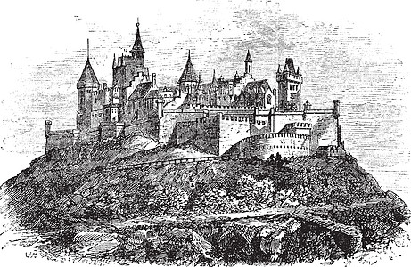 德国斯图加特的Hohenzolren城堡或蚀刻艺术堡垒遗产建筑学旅游艺术品历史绘画吸引力图片